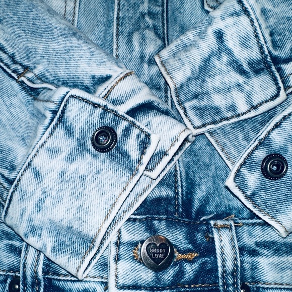 New Buddy Love Denim Dress. Raelynn style with Sequin stars, Mini, Raw edge hem - Picture 11 of 14